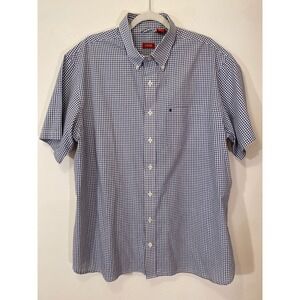 IZOD Navy Gingham Button Down Shirt 1XL Short Sleeve Preppy Y2K